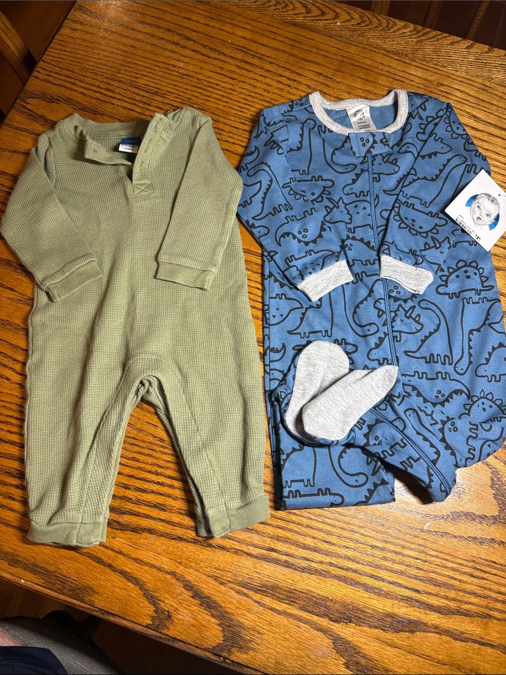 H&M Blue Dinosaur Print and Olive Green Waffle  One-Pieces